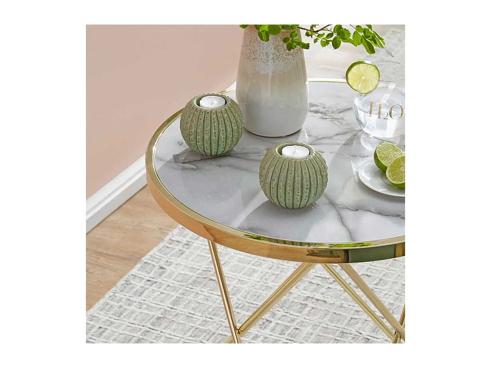 Couch Beistelltisch in Goldfarben und Marmor Optik rund