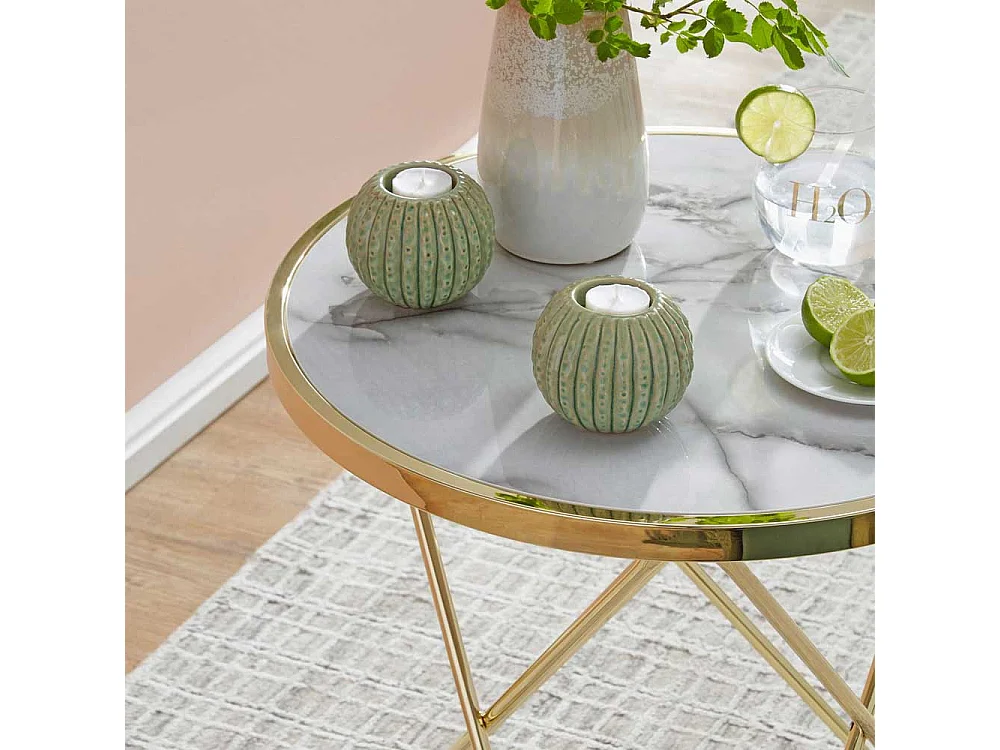 Couch Beistelltisch in Goldfarben und Marmor Optik rund