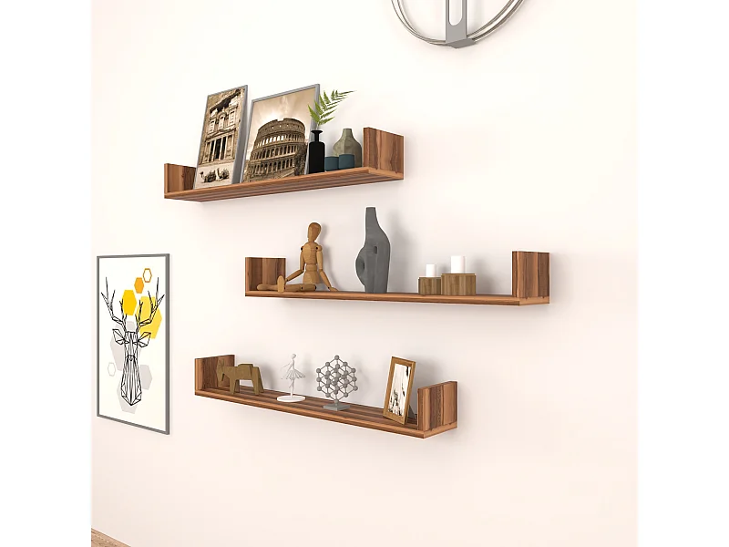 Lot de 3 étagères murales Höganäs 12 x 90 x 15 cm effet noyer [en.casa]