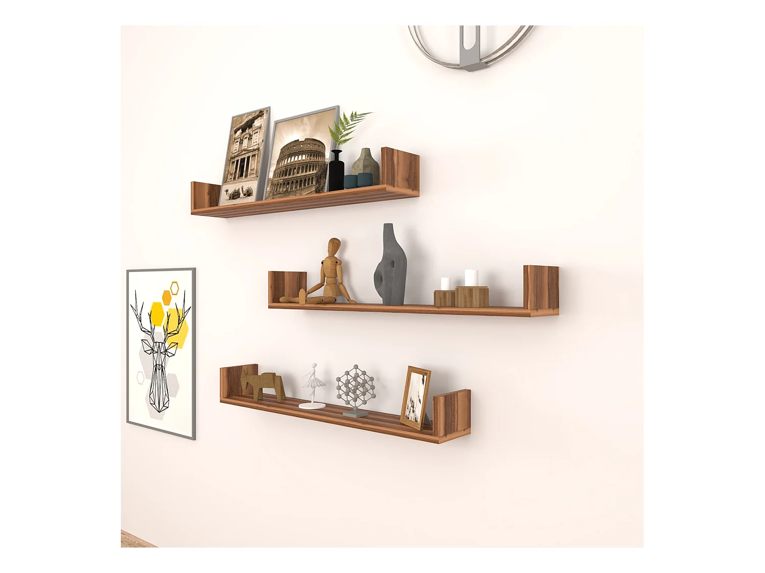 Lot de 3 étagères murales Höganäs 12 x 90 x 15 cm effet noyer [en.casa]