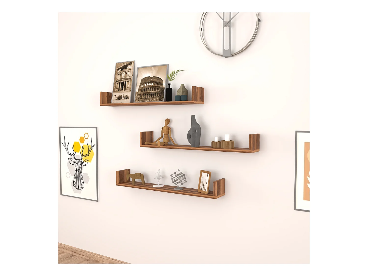 Lot de 3 étagères murales Höganäs 12 x 90 x 15 cm effet noyer [en.casa]