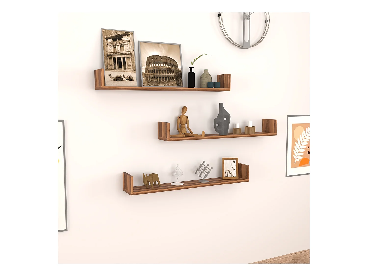 Lot de 3 étagères murales Höganäs 12 x 90 x 15 cm effet noyer [en.casa]