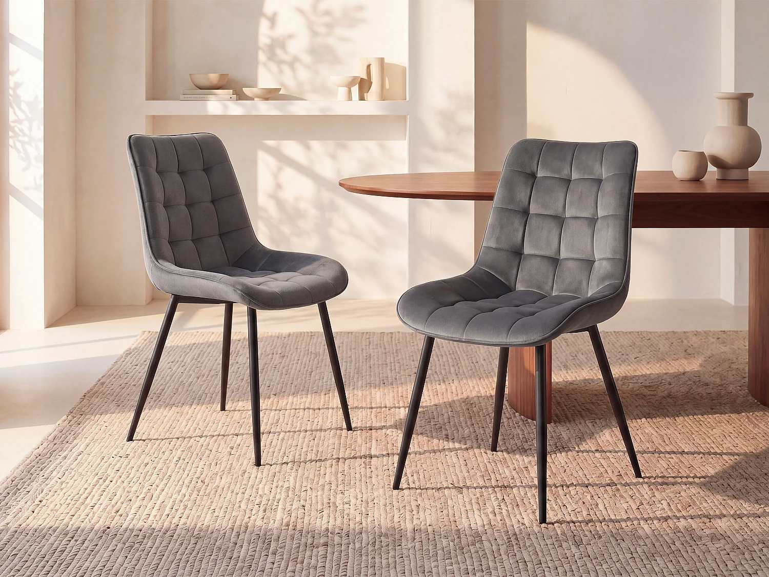 Lot de 2 chaises matelassées - Velours et métal noir - Gris - OLLUA