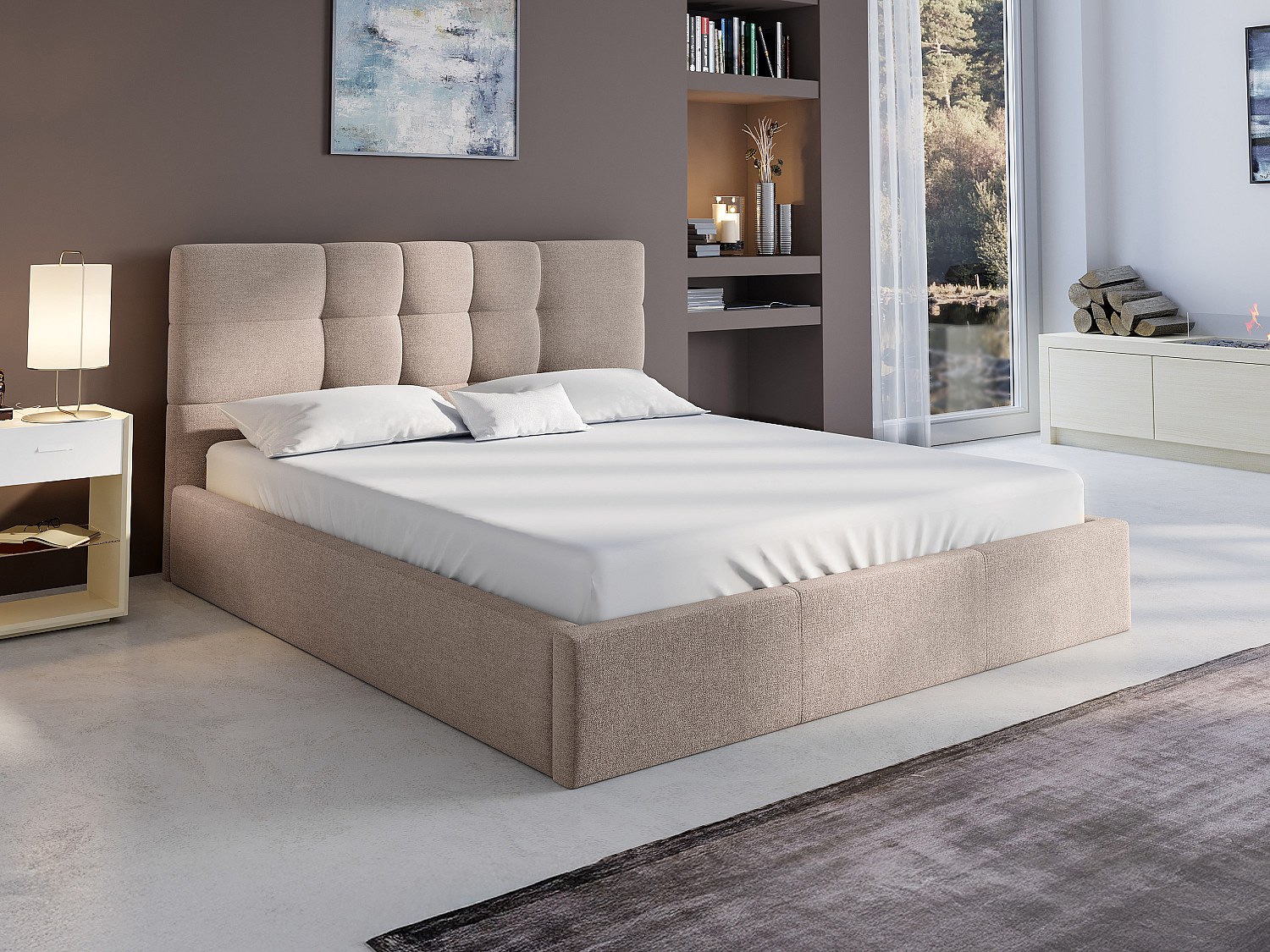 Vente-unique Bett Mit Bettkasten - 140 X 190 Cm - Stoff - Beige - Eliava