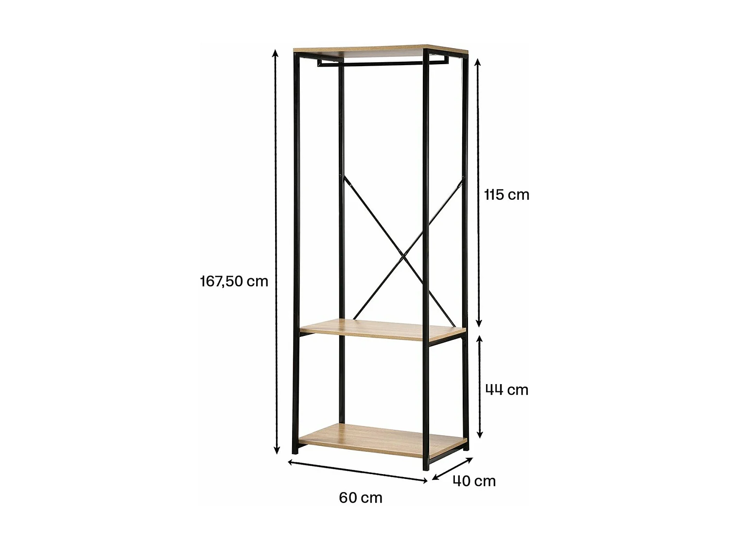Penderie 3 étagères métal et décor chêne - L60 cm
