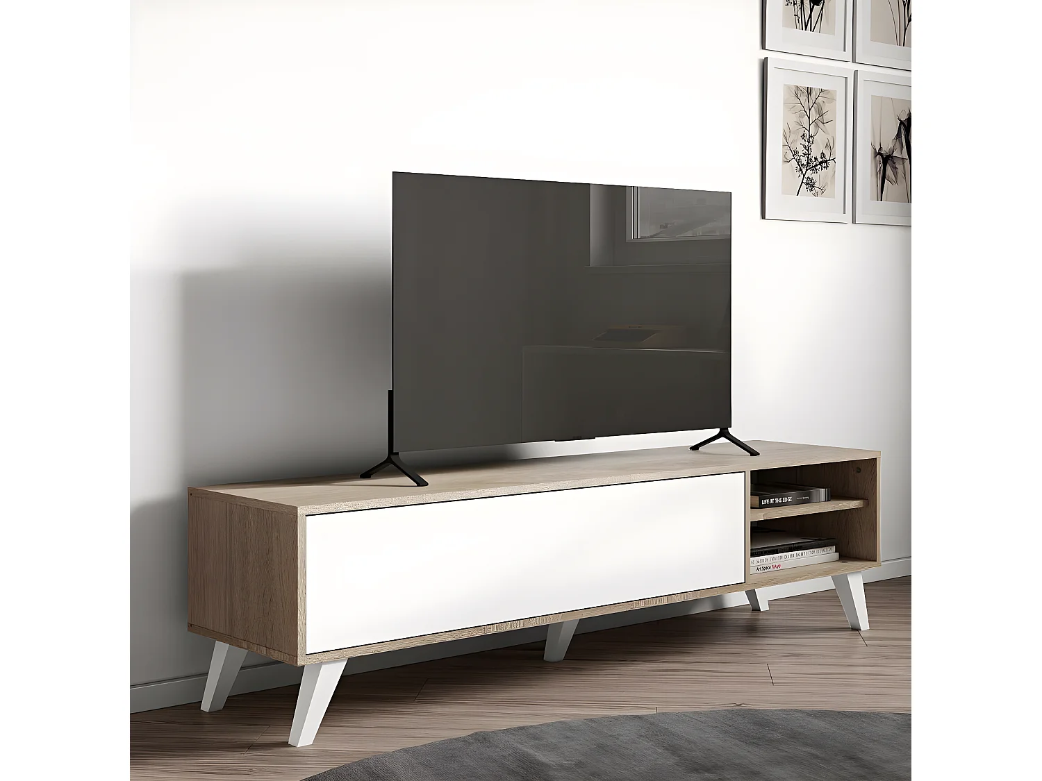 Meuble TV PRISM avec abattant - chêne naturel et blanc - TEMAHOME