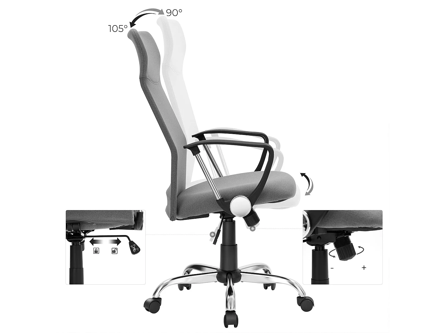 Fauteuil de bureau chaise ergonomique siège rembourré pivotant en tissu hauteur réglable mécanisme basculent charge 120 kg gris 12_0001375
