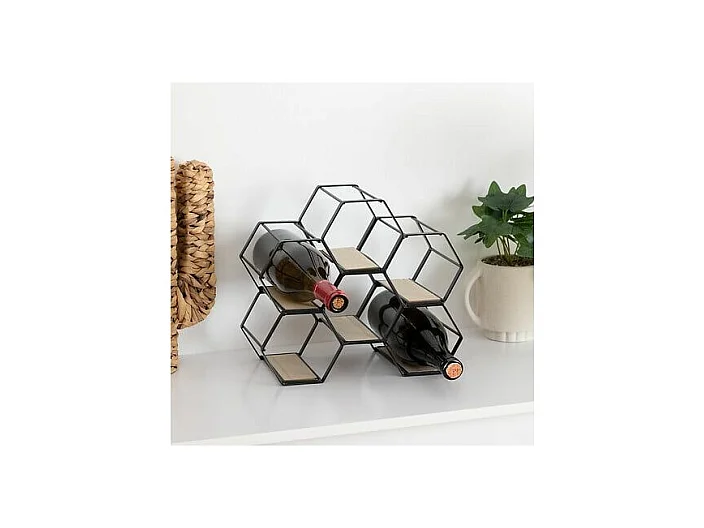 Range Bouteille en Métal Noir et Bois capacité 6 Bouteilles