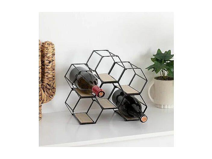 Range Bouteille en Métal Noir et Bois capacité 6 Bouteilles