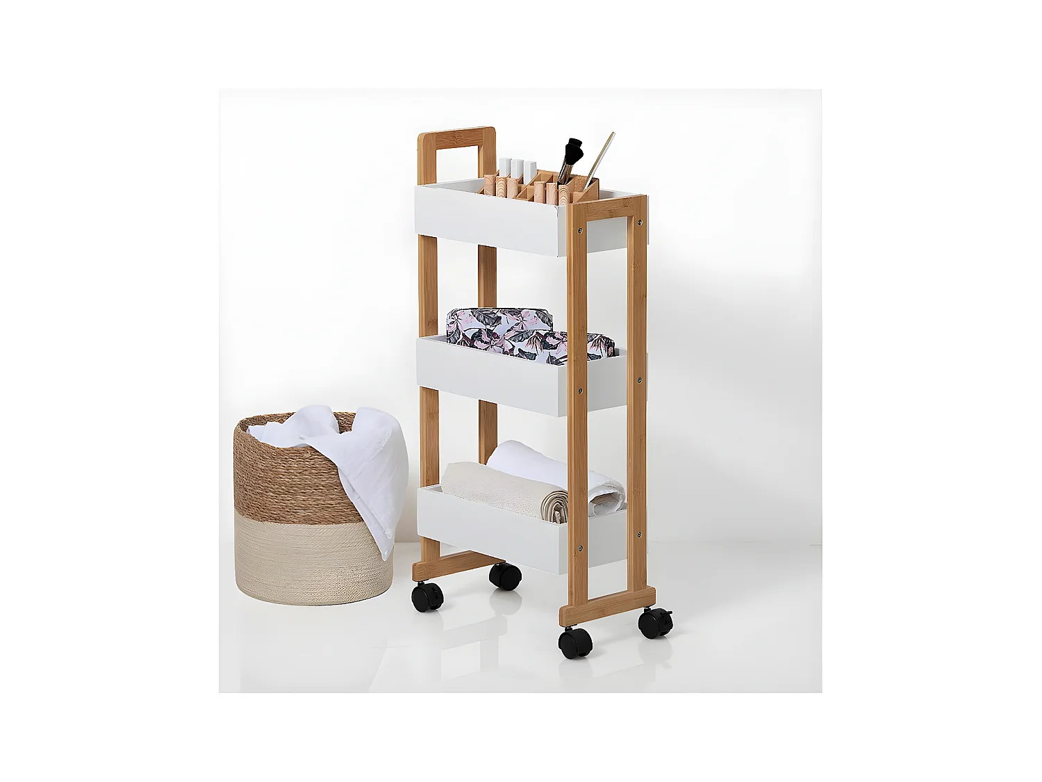 Desserte roulante 3 niveaux en Bambou et Bois Blanc H 80 cm