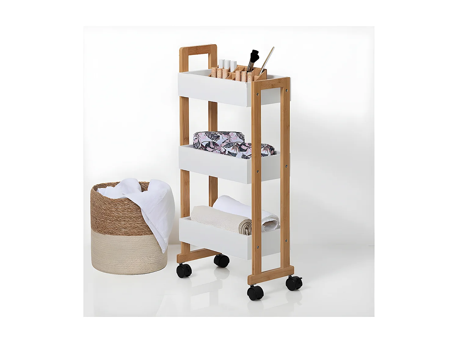 Desserte roulante 3 niveaux en Bambou et Bois Blanc H 80 cm