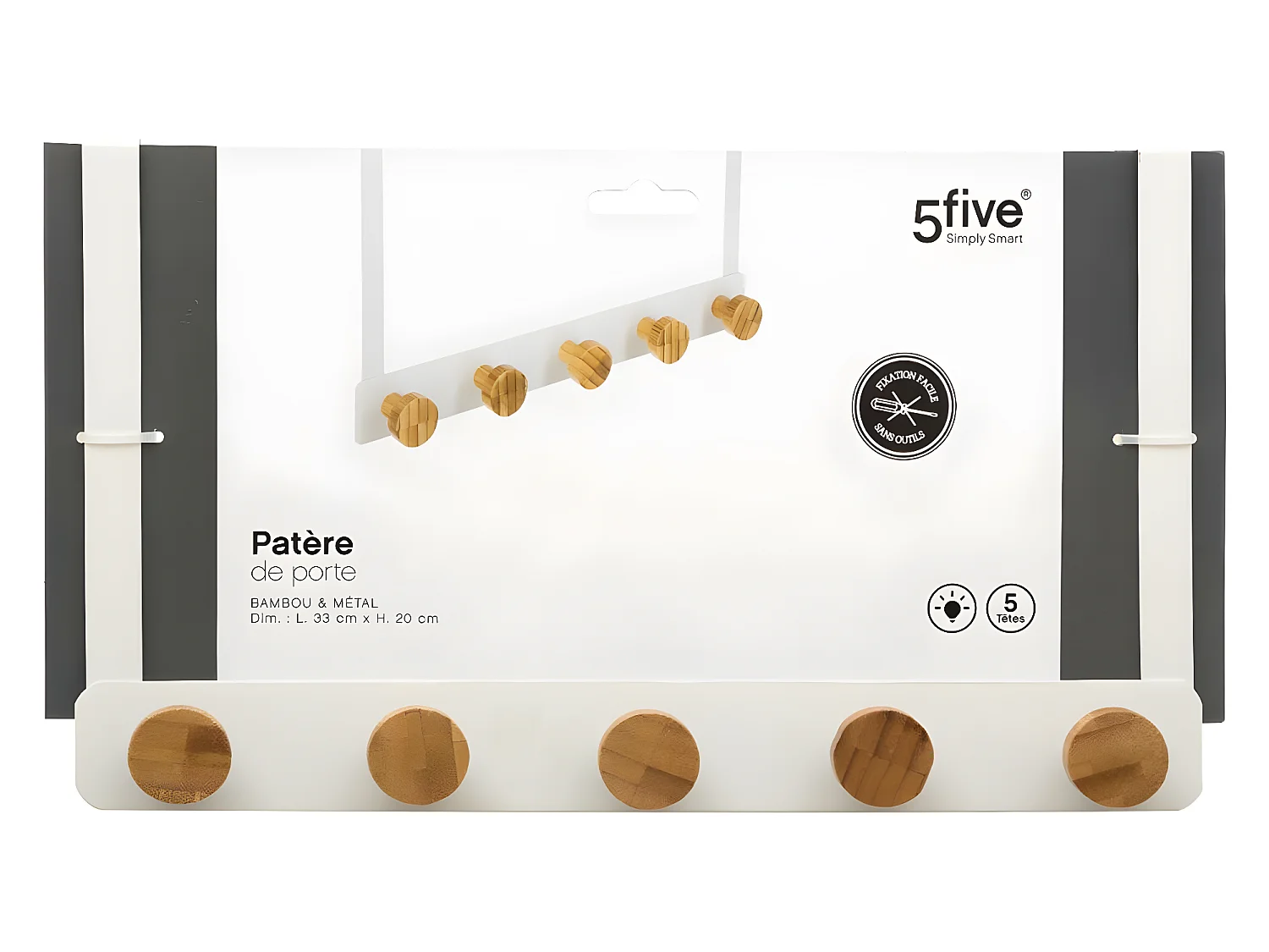 Patère de porte en Métal Blanc 5 Têtes en Bambou L 33 cm