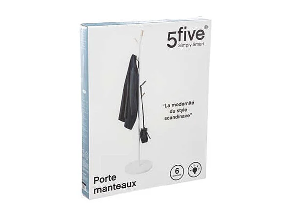 Porte-manteaux en Bois et Métal Blanc 6 Patères H 175.5 cm