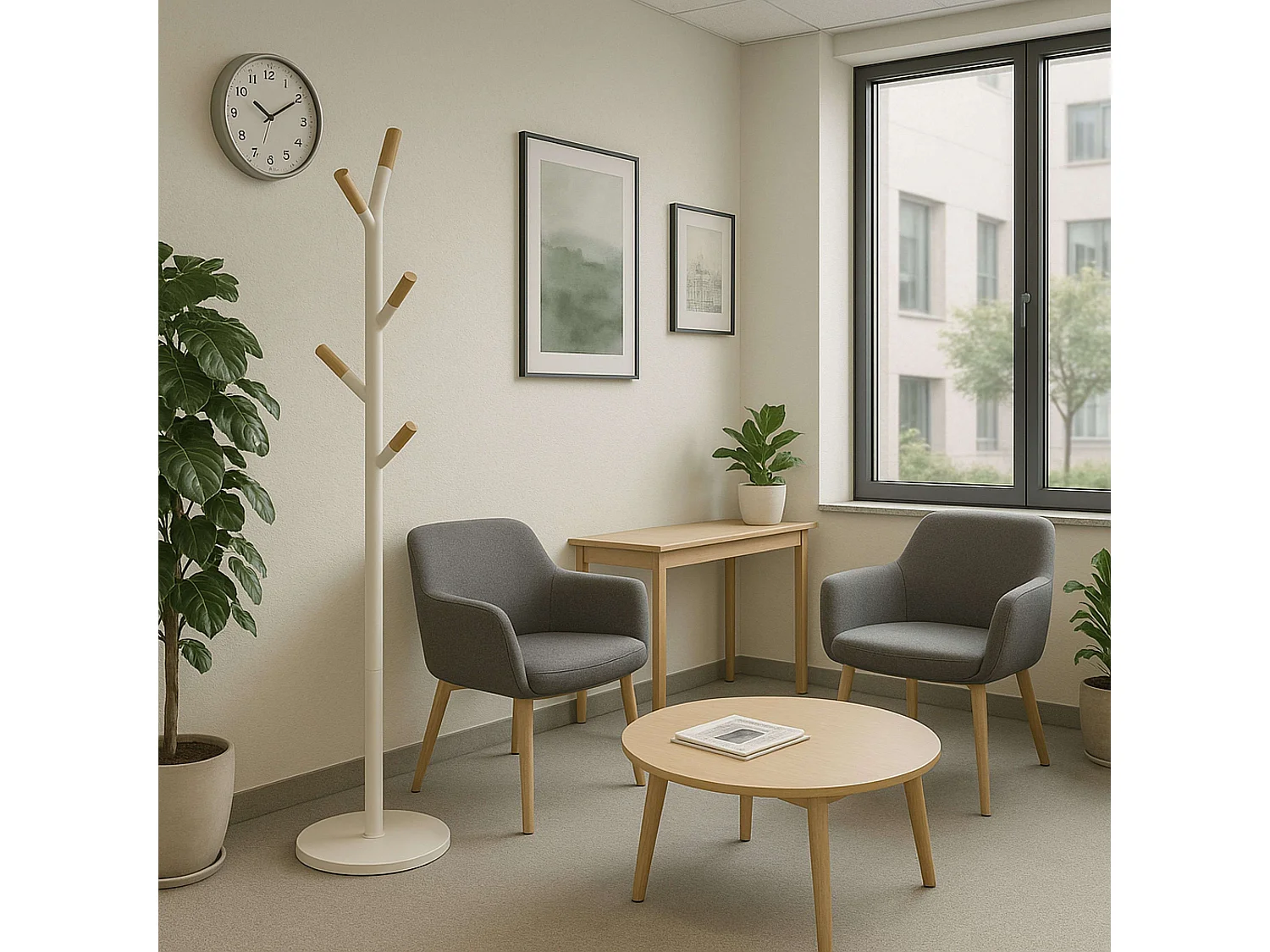 Porte-manteaux en Bois et Métal Blanc 6 Patères H 175.5 cm