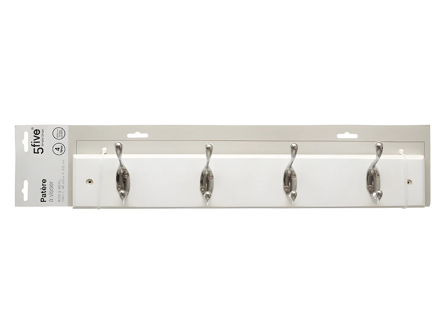 Patère en Bois Blanc avec 4 crochets en métal L 42 cm