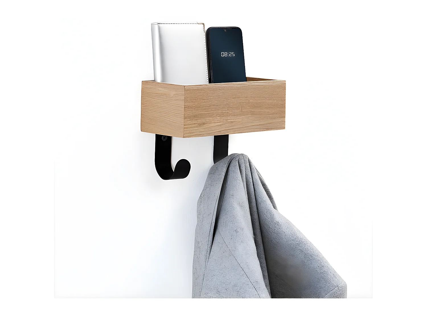 Patère 2 crochets en métal et Vide poche en Bois