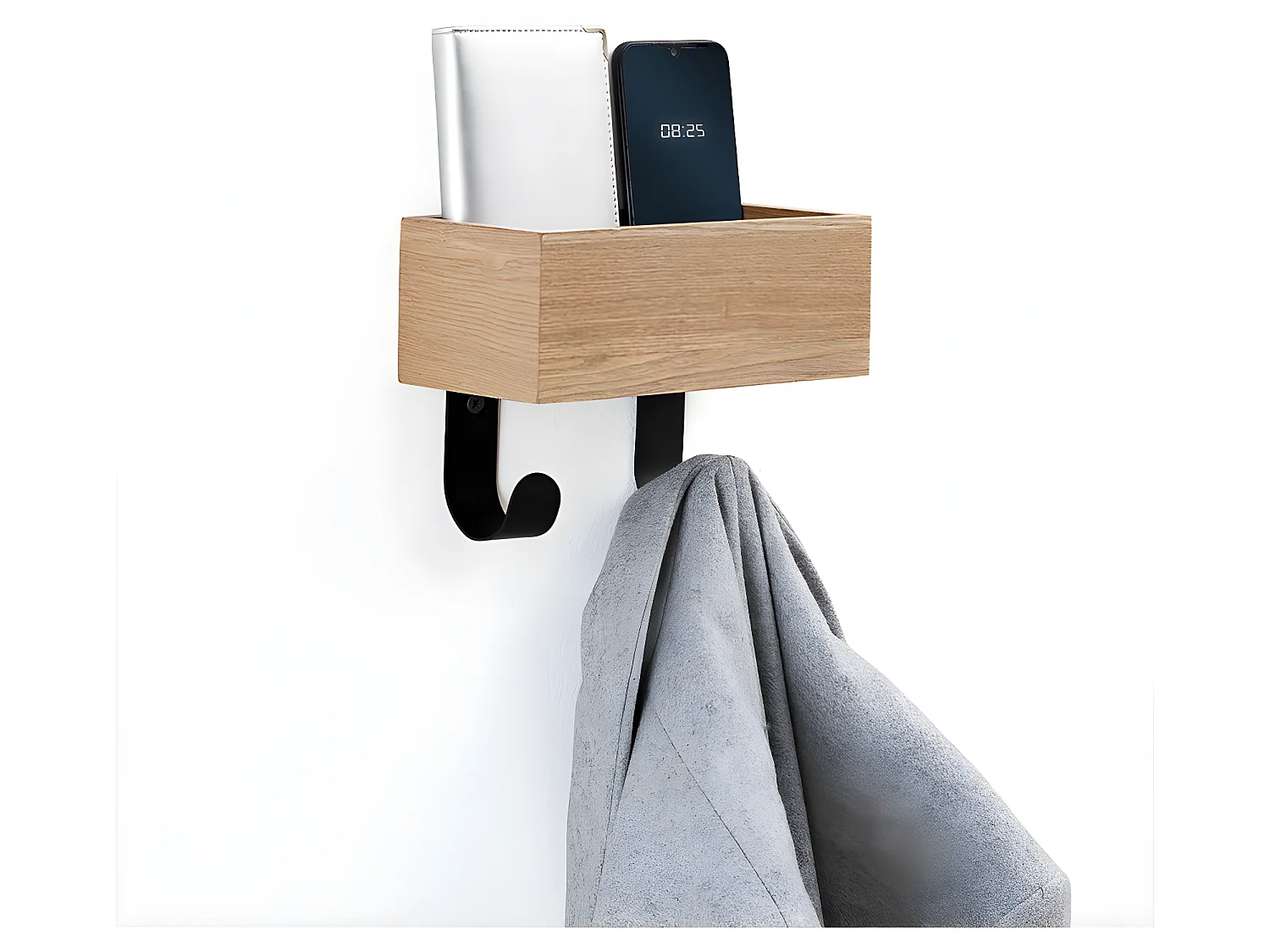 Patère 2 crochets en métal et Vide poche en Bois