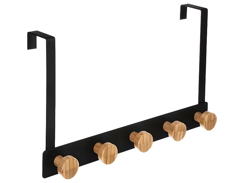 Patère de porte en Métal Noir 5 Têtes en Bambou L 33 cm