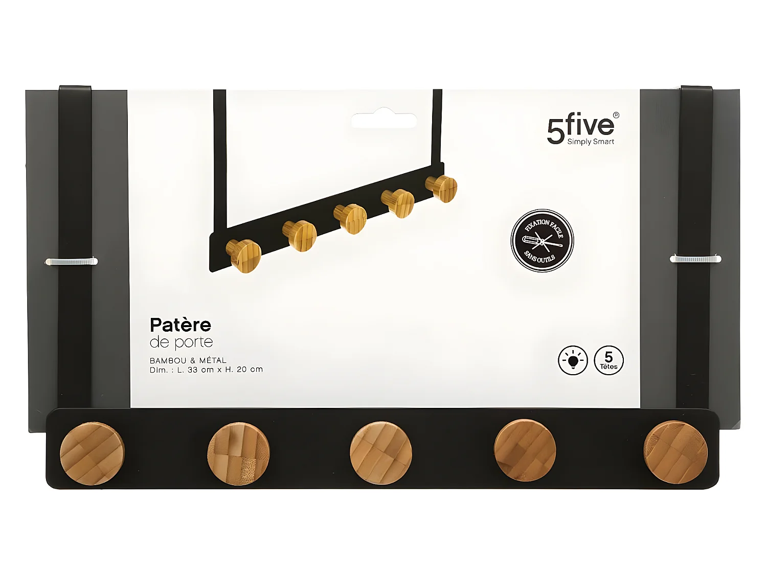 Patère de porte en Métal Noir 5 Têtes en Bambou L 33 cm