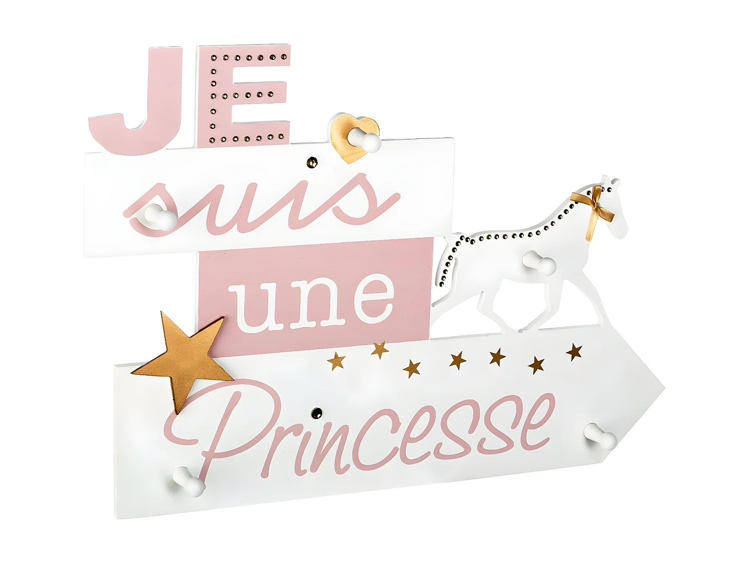 Patère Enfant Pancarte Princesse 5 Crochets en Bois 50 x 35 cm