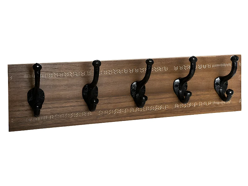Patère en Bois 5 Crochets en métal Noir L 50 cm