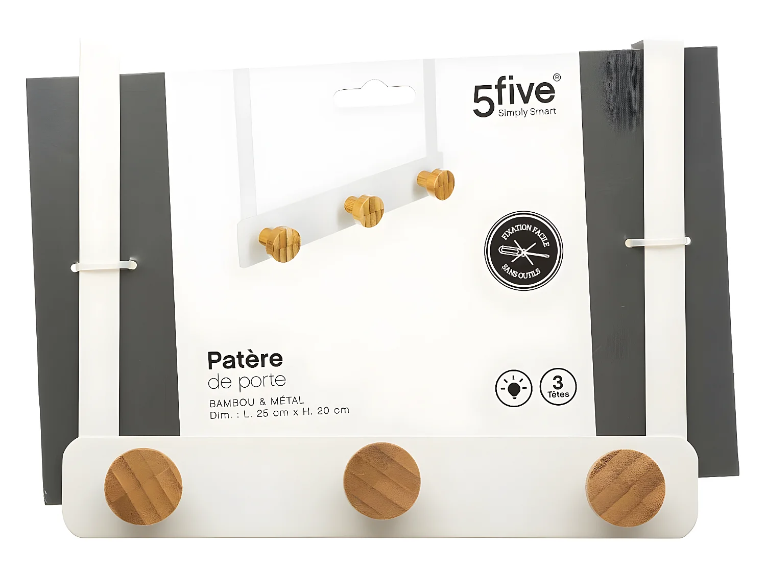 Patère de porte en Métal Blanc 3 Têtes en Bambou L 25 cm