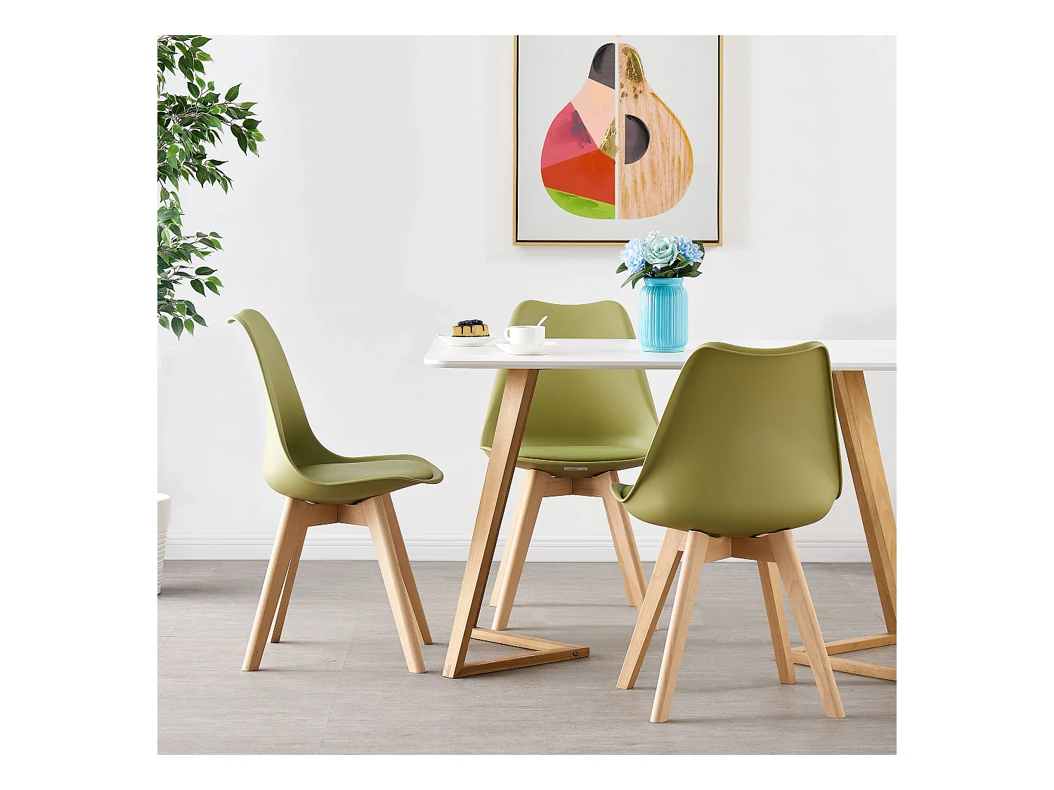 LORENZO DALLAS - Ensemble Table à Manger Blanche + 4 Chaises Scandinaves Vertes - Style Moderne