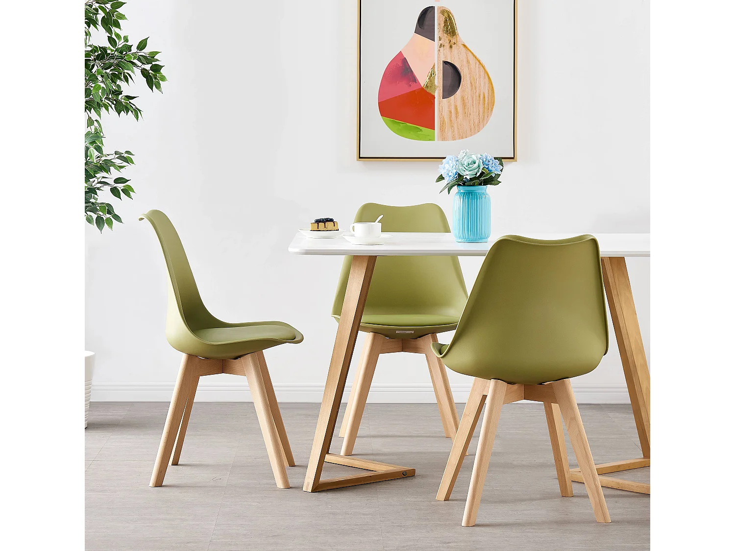 LORENZO DALLAS - Ensemble Table à Manger Blanche + 4 Chaises Scandinaves Vertes - Style Moderne