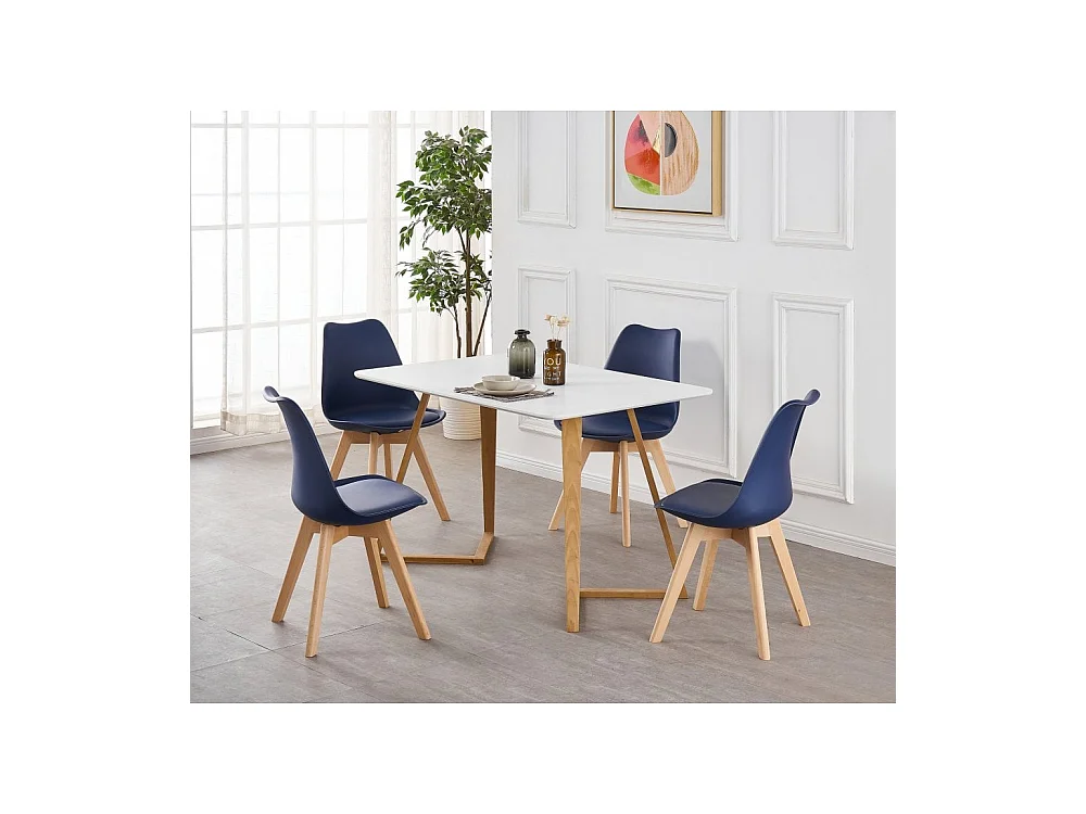 LORENZO DALLAS - Ensemble Table à Manger Blanche + 4 Chaises Scandinaves Bleues - Style Moderne