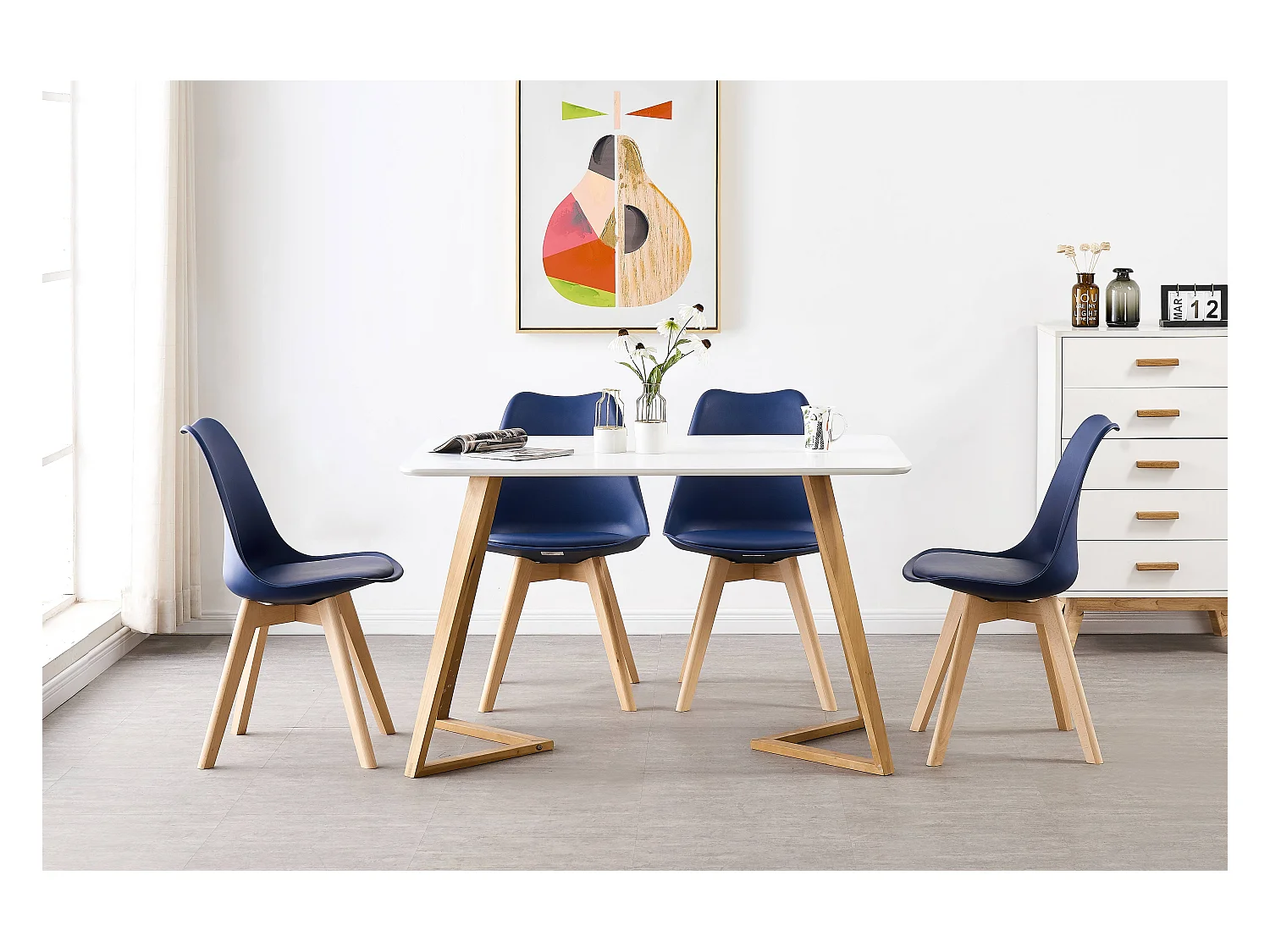 LORENZO DALLAS - Ensemble Table à Manger Blanche + 4 Chaises Scandinaves Bleues - Style Moderne