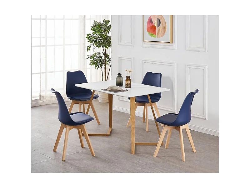LORENZO DALLAS - Ensemble Table à Manger Blanche + 4 Chaises Scandinaves Bleues - Style Moderne