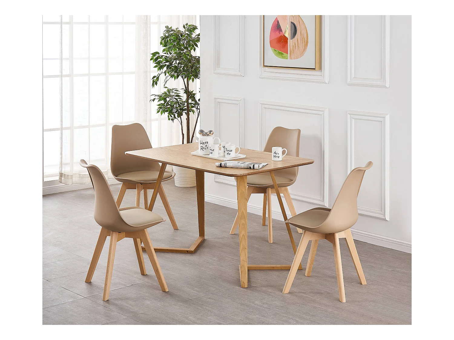LORENZO DALLAS - Ensemble Table à Manger Effet Chêne + 4 Chaises Scandinaves Beiges - Style Moderne