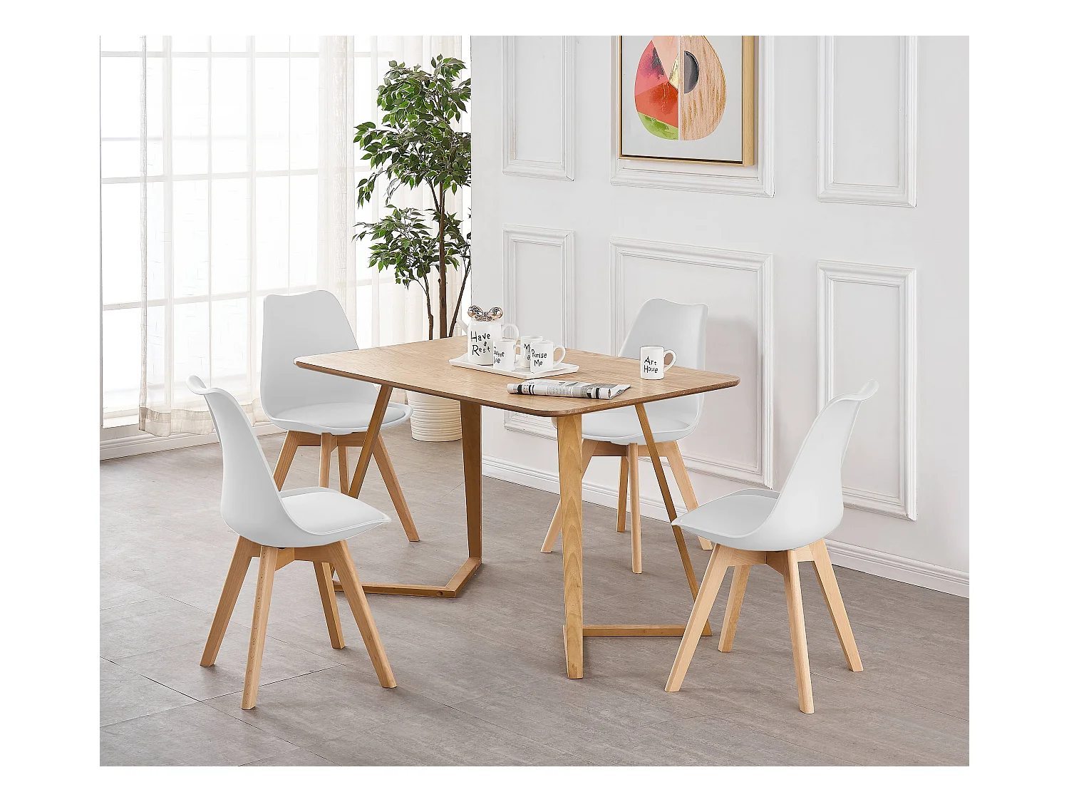 LORENZO DALLAS - Ensemble Table à Manger Effet Chêne + 4 Chaises Scandinaves Blanches - Style Moderne