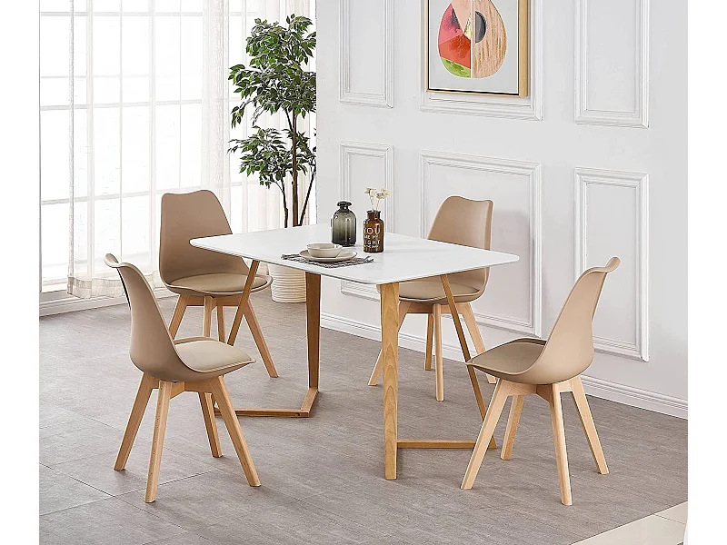 LORENZO DALLAS - Ensemble Table à Manger Blanche + 4 Chaises Scandinaves Beiges - Style Moderne