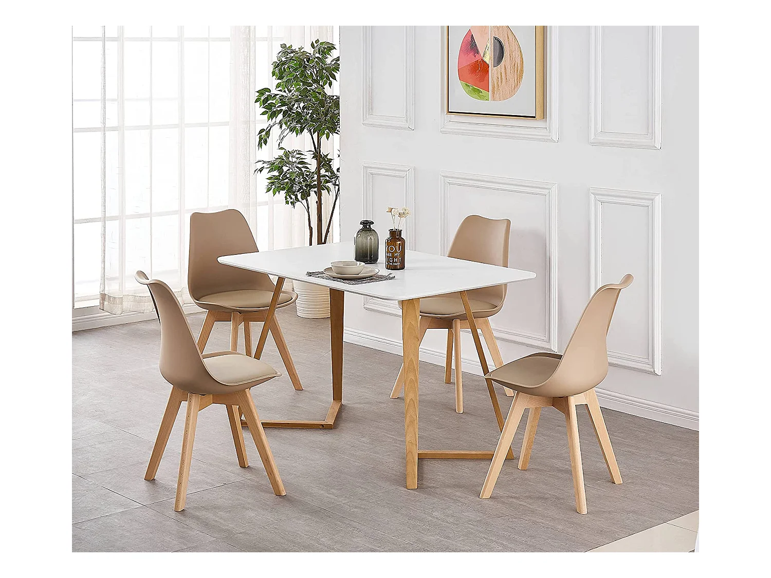 LORENZO DALLAS - Ensemble Table à Manger Blanche + 4 Chaises Scandinaves Beiges - Style Moderne