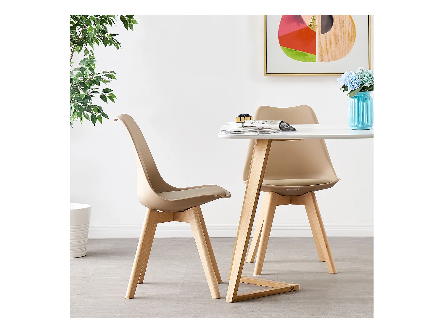 LORENZO DALLAS - Ensemble Table à Manger Blanche + 4 Chaises Scandinaves Beiges - Style Moderne