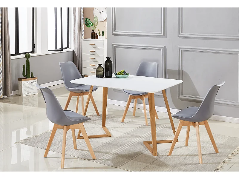 LORENZO DALLAS - Ensemble Table à Manger Blanche + 4 Chaises Scandinaves Grises - Style Moderne