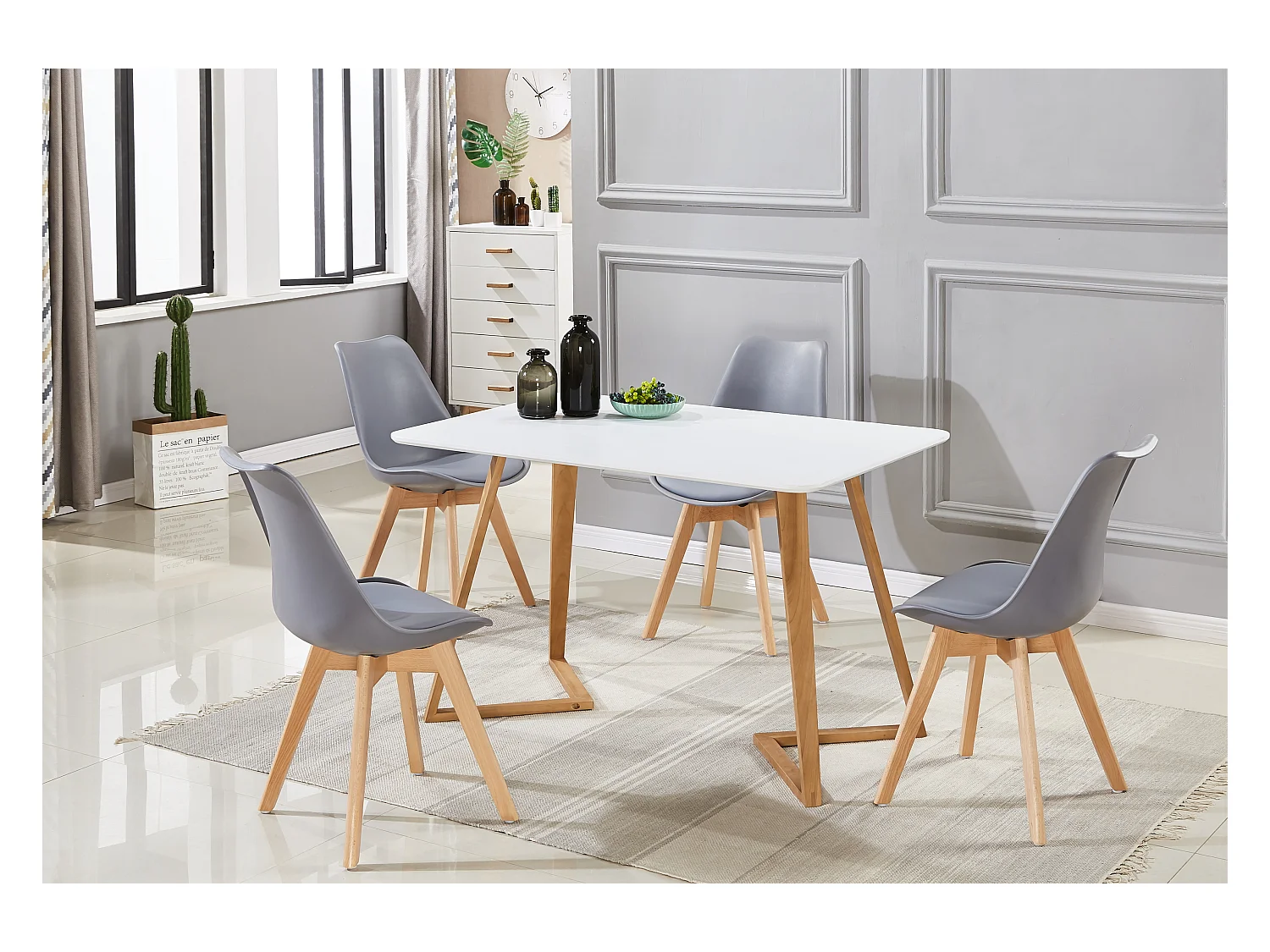 LORENZO DALLAS - Ensemble Table à Manger Blanche + 4 Chaises Scandinaves Grises - Style Moderne