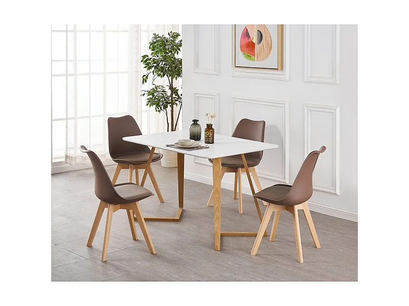 LORENZO DALLAS - Ensemble Table à Manger Blanche + 4 Chaises Scandinaves Marron - Style Moderne
