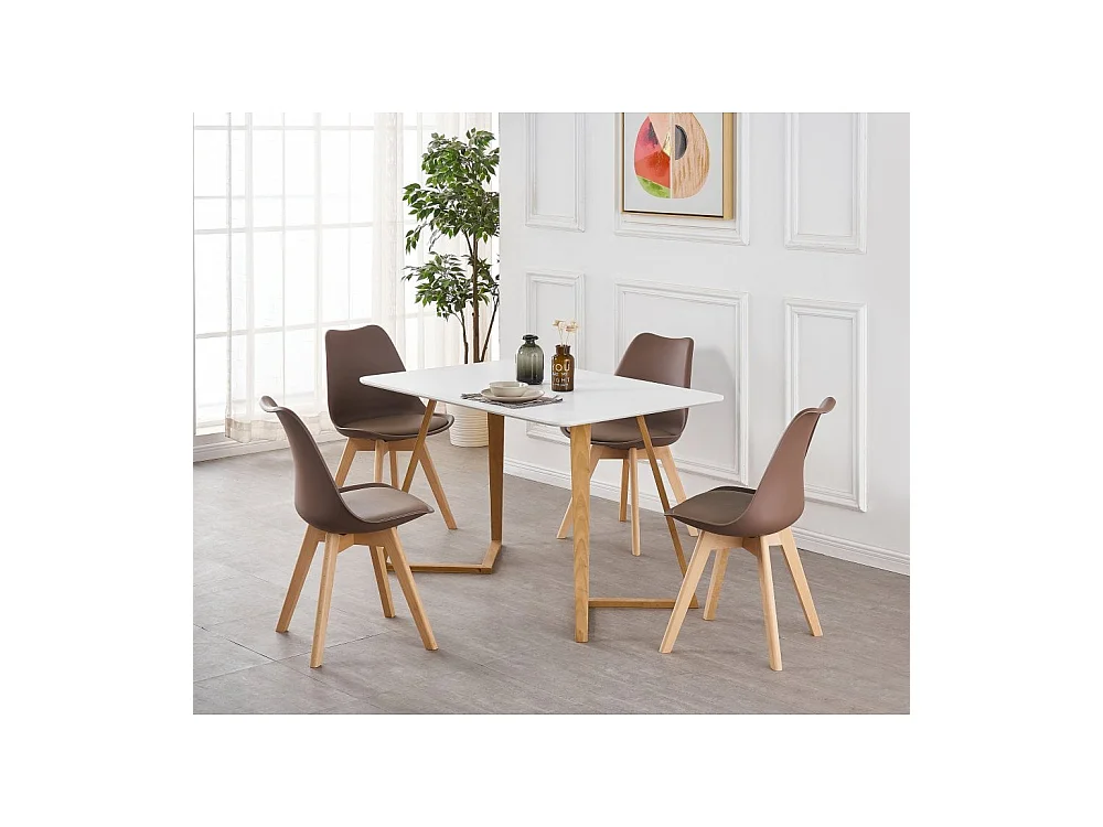 LORENZO DALLAS - Ensemble Table à Manger Blanche + 4 Chaises Scandinaves Marron - Style Moderne