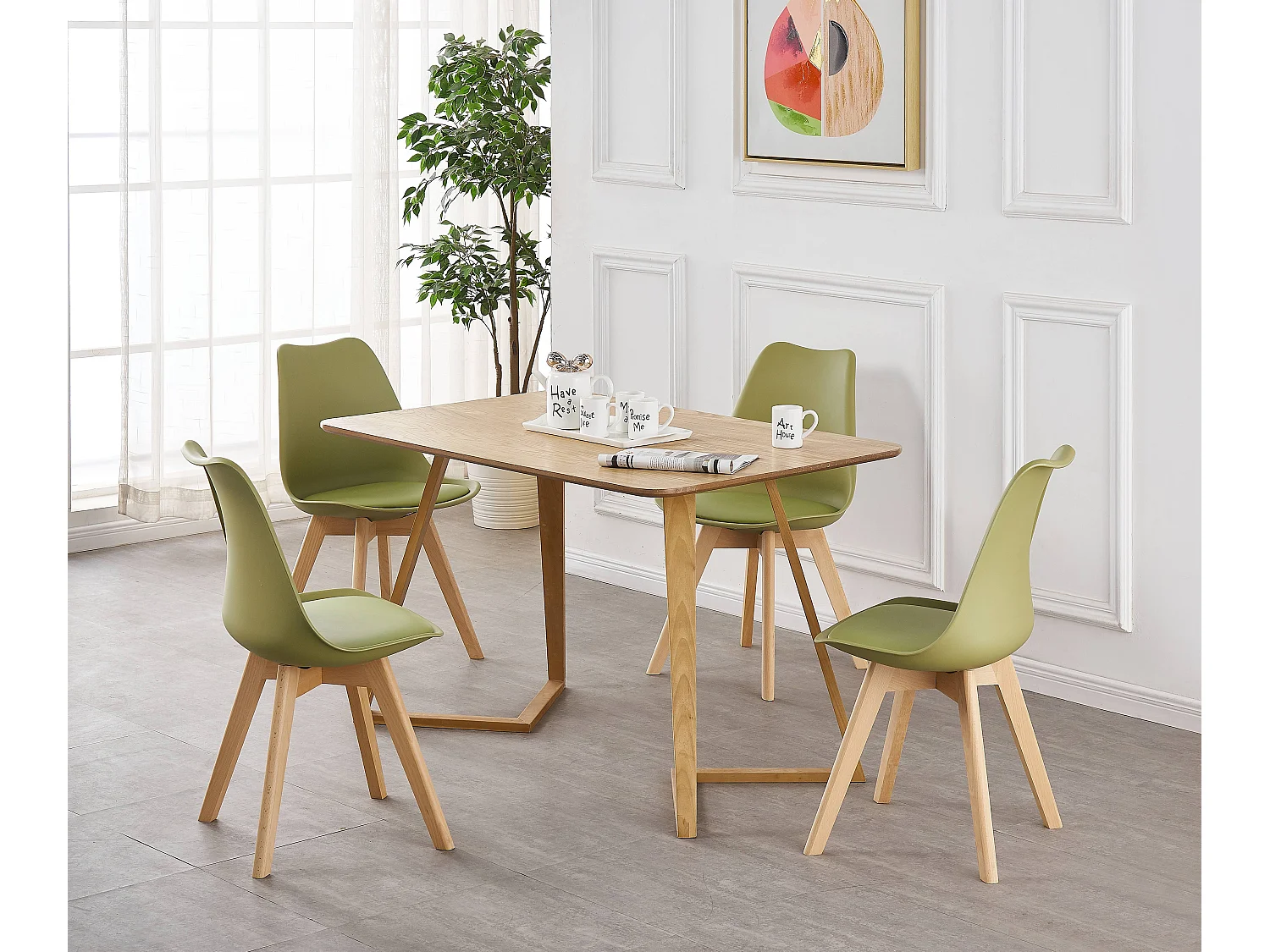 LORENZO DALLAS - Ensemble Table à Manger Effet Chêne + 4 Chaises Scandinaves Vertes - Style Moderne