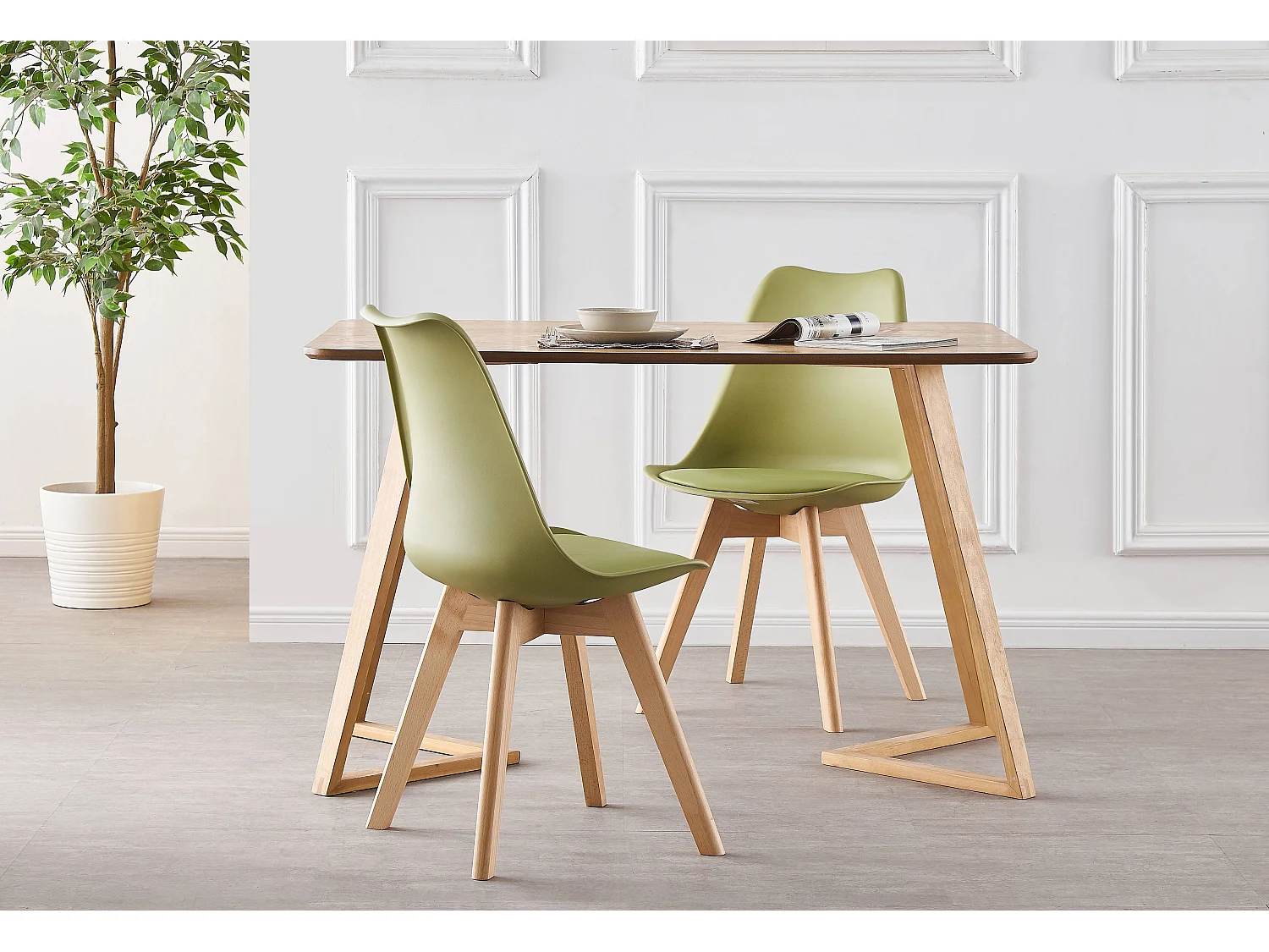LORENZO DALLAS - Ensemble Table à Manger Effet Chêne + 4 Chaises Scandinaves Vertes - Style Moderne