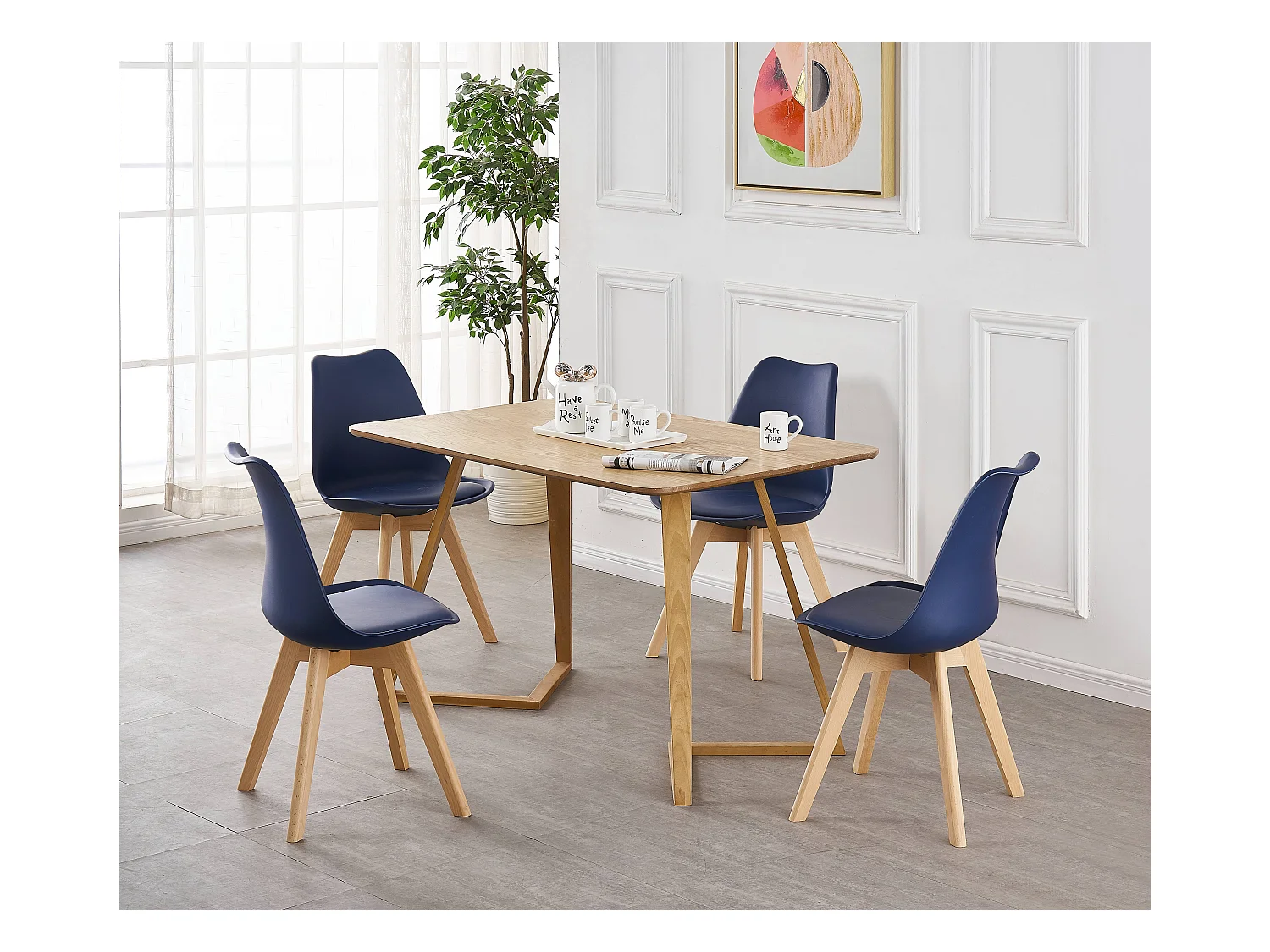 LORENZO DALLAS - Ensemble Table à Manger Effet Chêne + 4 Chaises Scandinaves Bleues - Style Moderne