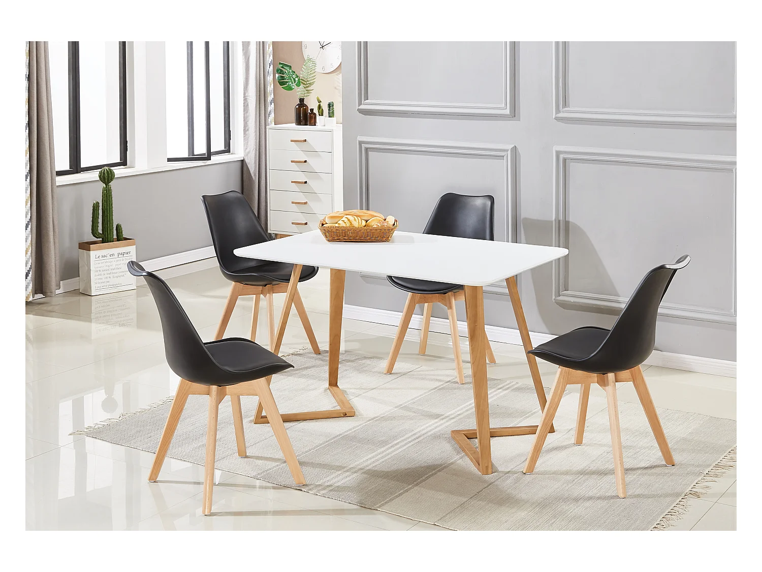 LORENZO DALLAS - Ensemble Table à Manger Blanche + 4 Chaises Scandinaves Noires - Style Moderne