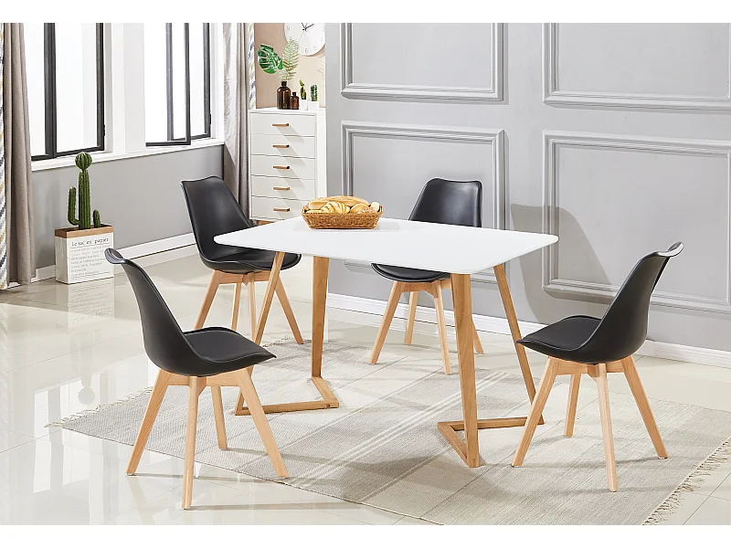 LORENZO DALLAS - Ensemble Table à Manger Blanche + 4 Chaises Scandinaves Noires - Style Moderne