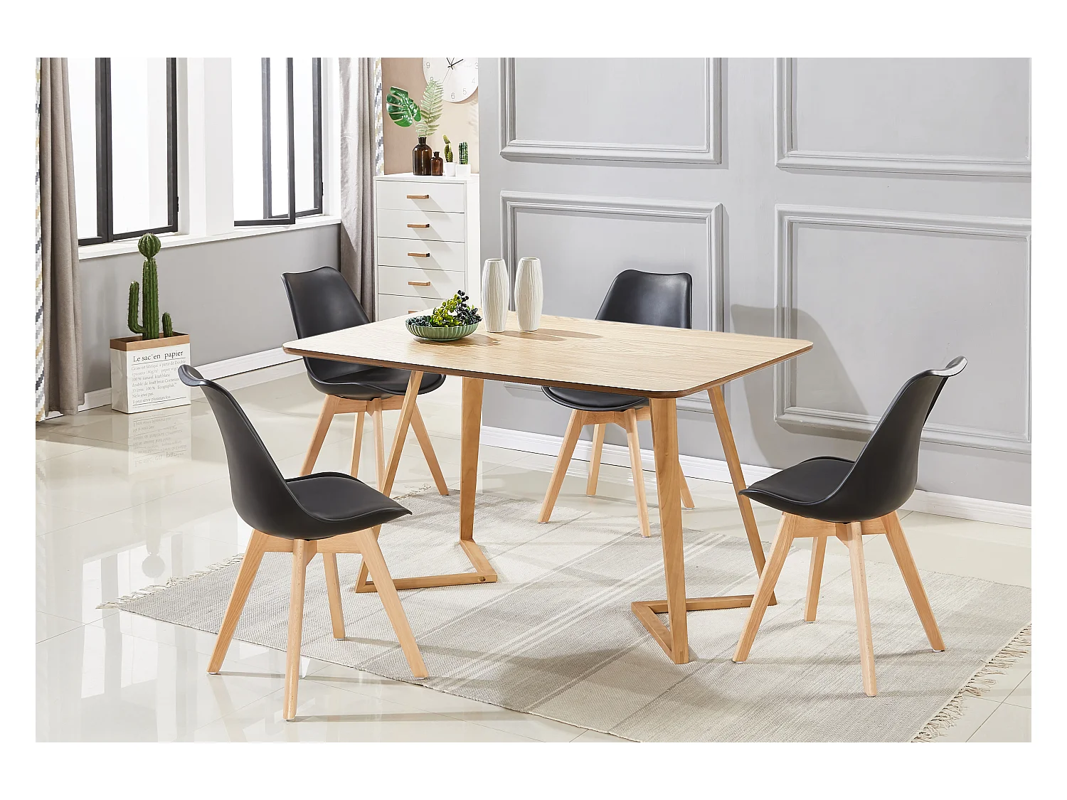 LORENZO DALLAS - Ensemble Table à Manger Effet Chêne + 4 Chaises Scandinaves Noires - Style Moderne