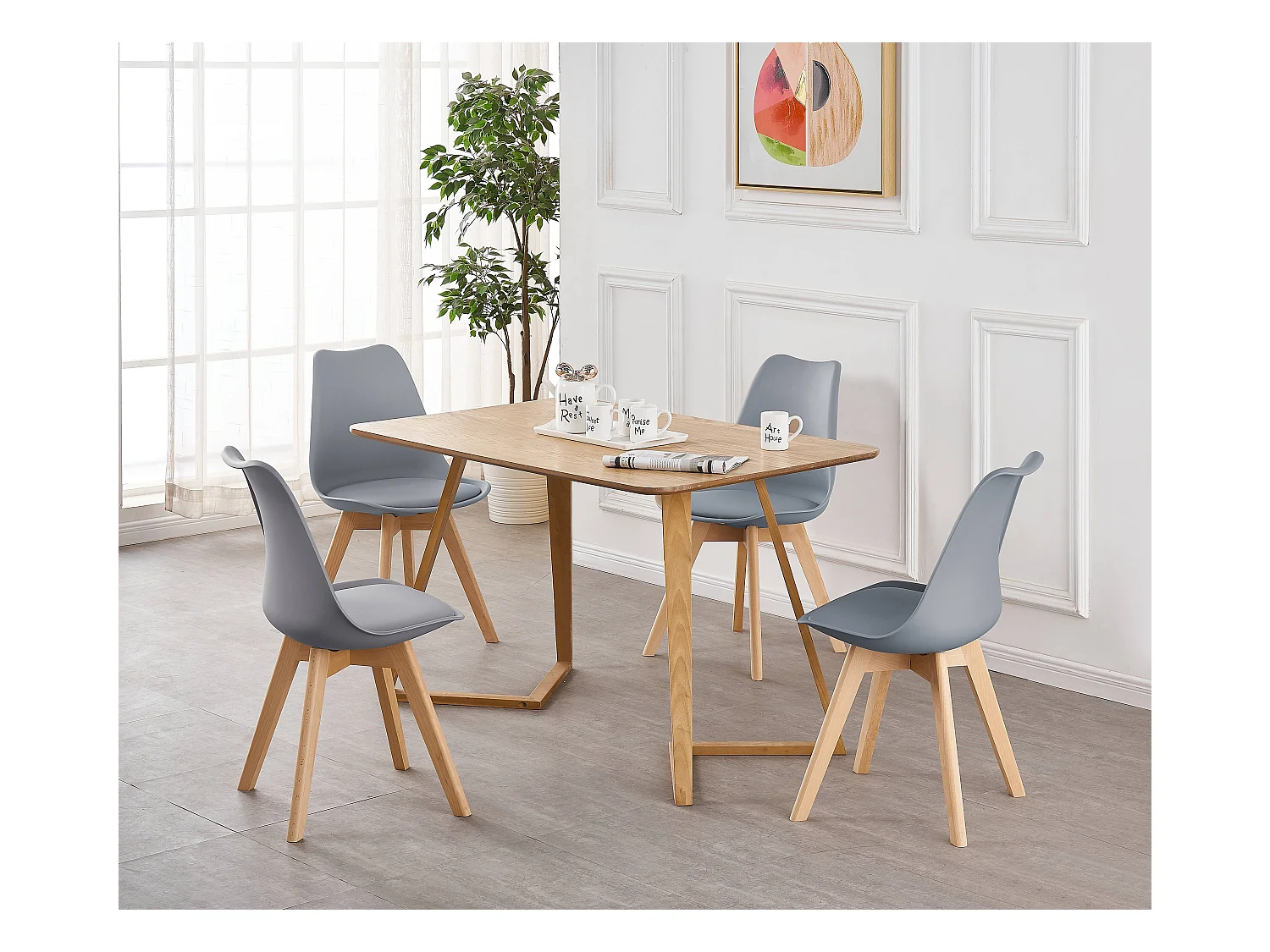 LORENZO DALLAS - Ensemble Table à Manger Effet Chêne + 4 Chaises Scandinaves Grises - Style Moderne