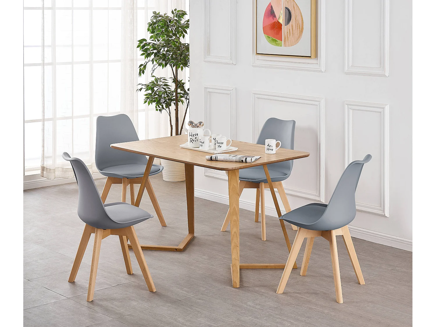 LORENZO DALLAS - Ensemble Table à Manger Effet Chêne + 4 Chaises Scandinaves Grises - Style Moderne