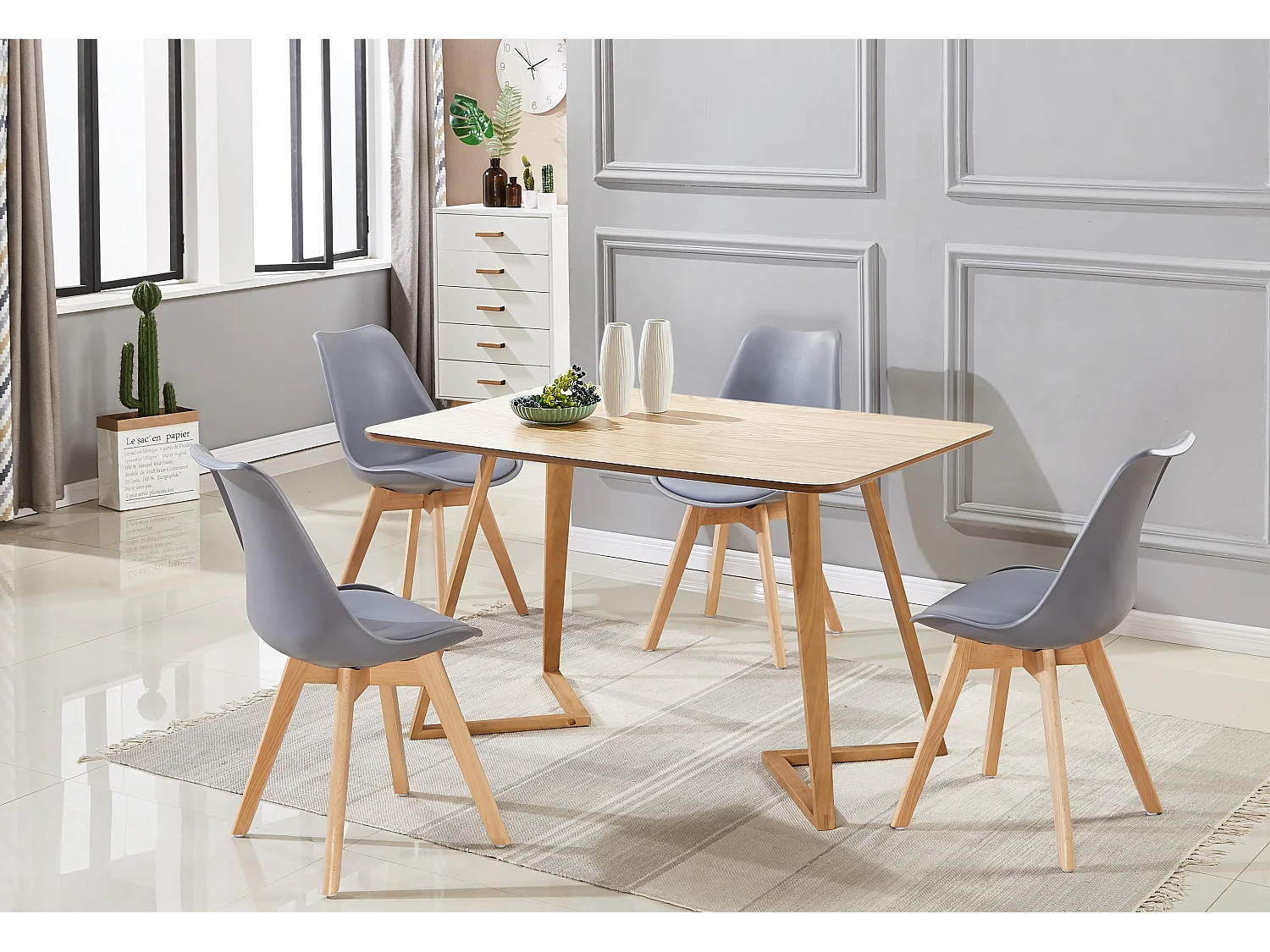 LORENZO DALLAS - Ensemble Table à Manger Effet Chêne + 4 Chaises Scandinaves Grises - Style Moderne