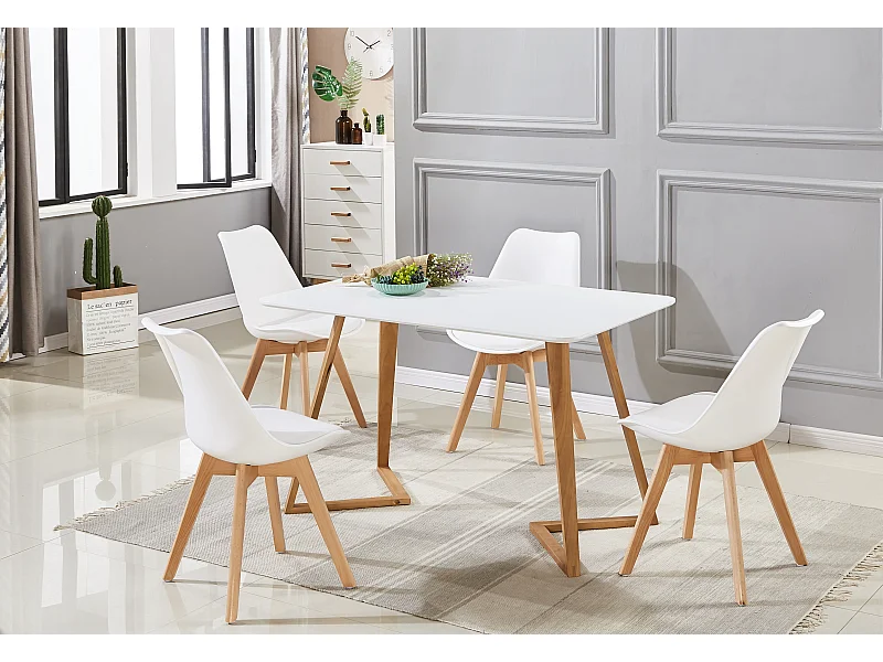 LORENZO DALLAS - Ensemble Table à Manger Blanche + 4 Chaises Scandinaves Blanches - Style Moderne